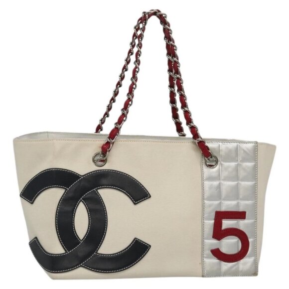 CHANEL Choco Bar Chain Tote Bag No5 Canvas White Silver - Picture 1 of 16